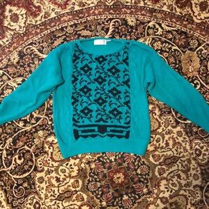 Vintage Green and Black Patterned Women's Sweater Large